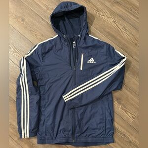 Adidas Navy Windbreaker Jacket Mens Medium Hooded 3 Stripe Zip Up